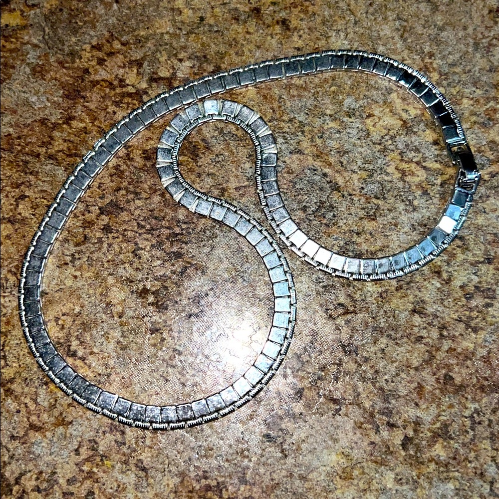 Vintage MONET SILVER TONE NECKLACE Small Square Panels PLATE FRINGE Unique!